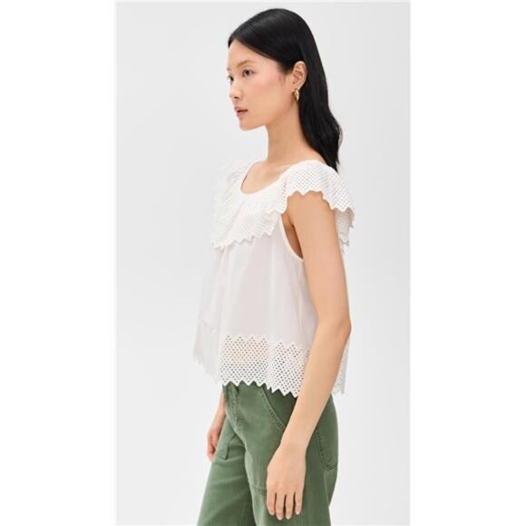 THE GREAT. The Westport Top with Honeycomb Eyelet White Natural Coastal Scandi - Picture 4 of 7